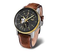 Vostok Europe GAZ 14 Saloon YN84 Automatik-Gangreserve mit Lederband, Dunkelgrau/Gold/Braun, Armband