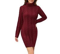 VOTEPRETTY Strickkleid Damen Winter Herbst Kleider Rollkragen Winterkleid Langarm Herbstkleider Christmas Pulloverkleid Wein,L