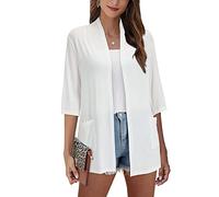 VOTEPRETTY Weiß Strickjacken Damen Leichte Kurzarm Cardigan mit Tasche Casual Open Front Top (Weiß,L)