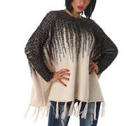 Voyelles Damen Poncho Ponchopullover Fransen Hairy Glitzer Feinstrick Glanz Fledermausärmel, Beige Schwarz 36 38 40