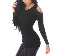 Voyelles Damen Pullover lang Strick Kleid Longpulli Pulloverkleid Häkel Spitze Cut Out V-Ausschnitt Feinripp, Schwarz 34-38