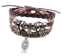 VPbao Punk Kreuz Perlen Armband Verstellbar Fisch Anhänger PU Leder Armbänder Braun