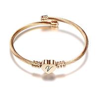 VQYSKO Damen Mädchen Herz Armband Armkette-Rostfreier Stahl Initiale Armband Mit Gravur Damen, Golden/Stahlfarbe/Roségold/Brief Frauen Armreif(Roségold-V)