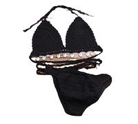 VRTTAA Strand-Häkel-Bikini-Set Für Frauen - Einfarbiger Sommer-Häkel-Bikini Mit V-Ausschnitt Verstellbar Handgefertigt Muschel Quaste Rückenfrei Sexy Mit Niedriger Taille Strandkleidung