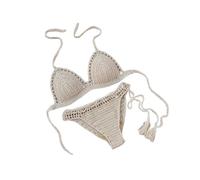 VRTTAA Strand-Häkel-Bikini-Set Für Frauen - Lässige Handgefertigte Gestrickte Bademode Sommer-Push-Up-Häkel-Bikini-Set Zweiteiliger Badeanzug Sexy Rückenfrei Modisch Mit V-Ausschnitt Be