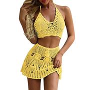 VRTTAA Strand-Häkel-Bikini-Set Für Frauen - Sommer Bikini Set Damen Bademode Häkeln Ausgehöhlter Zweiteiliger Strand Tragen Badeanzug Sexy Rückenfrei Mode Gestrickte Dessous Kleidung,Gelb,S