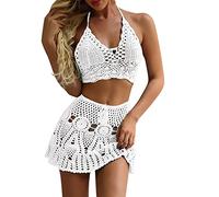 VRTTAA Strand-Häkel-Bikini-Set Für Frauen - Sommer Bikini Set Damen Bademode Häkeln Ausgehöhlter Zweiteiliger Strand Tragen Badeanzug Sexy Rückenfrei Mode Gestrickte Dessous Kleidung,Weiß,L