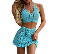 VRTTAA Strand-Häkel-Bikini-Set Für Frauen - Sommer-Bikini-Set Damen Bademode Häkeln Ausgehöhlter Zweiteiliger Strandabnutzungs-Badeanzug Sexy Rückenfreie Mode Gestrickte Dessous Kleidung,Blau,S