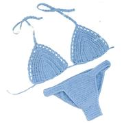 VRTTAA Strand-Häkel-Bikini-Set Für Frauen - Sommer Handarbeit Gestrickt Häkeln Bikini Set Strand Damen Bademode Brustpolster V-Ausschnitt Sexy Rückenfreier Badeanzug Zweiteilige Dessous,Blau,M