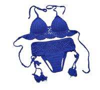 VRTTAA Strand-Häkel-Bikini-Set Für Frauen - Sommer Sexy Häkel-Bikini-Set Mit Polsterung Badeanzug Damenmode Bademode Hohl Backless Hanging Neck Beachwear Zweiteiler,Blau,L