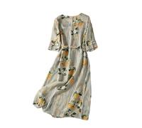 Vsadsau Bedrucktes Damenkleid aus Baumwolle, Blumenmuster, V-Ausschnitt, lässiges Schnürkleid, dünnes Strandkleid, lockeres langes Kleid, Pinted, Medium