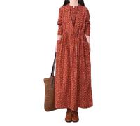 Vsadsau Damen-Maxikleid aus Baumwolle und Leinen, bedruckt, lässig, langärmelig, Rundhalsausschnitt, mit Taschen, ziegelrot, L