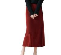 Vsadsau Damenrock aus Merinowolle, Fischschwanz, langer Rock, Büro, Dame, weich, schmal, einfarbig, Strickrock, Braun/Rot, XXL