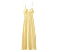 Vsadsau Gelbes Satinkleid für Damen, Spaghettiträger, rückenfrei, V-Ausschnitt, A-Linie, Midi-Kleid, zum Ausgehen, gelb, L