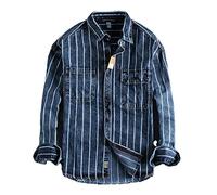 Vsadsau Gestreiftes Denim Shirt Herren American Retro Arbeitsshirt, dunkelblau, XL