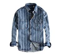 Vsadsau Gestreiftes Denim Shirt Herren American Retro Arbeitsshirt, hellblau, XL