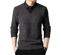 Vsadsau Herren-Poloshirt, verdickt, kariert, Patchwork, Straße, Business, lässig, Revers, langärmelig, lockeres Oberteil, grau, 3XL