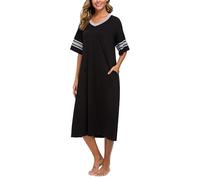 Vslarh Damen Nachthemd V Ausschnitt Loungewear Kurzarm Nachtwäsche volle Länge Sleepshirt mit Taschen S-XXL - Schwarz - X-Large