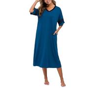 Vslarh Damen Nachthemd V Ausschnitt Loungewear Kurzarm Nachtwäsche volle Länge Sleepshirt mit Taschen S-XXL - Blau - X-Large
