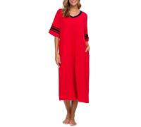 Vslarh Damen Nachthemd V Ausschnitt Loungewear Kurzarm Nachtwäsche volle Länge Sleepshirt mit Taschen S-XXL - Rot - X-Large