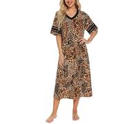 Vslarh Damen-Nachthemd, V-Ausschnitt, Strick, lange Nachtwäsche, kurzärmelig, weich, Loungewear mit Taschen, S-3XL, Leopard, X-Large