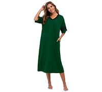 Vslarh Damen Nachthemd V Ausschnitt Strick Lange Nachtwäsche Kurzarm Weiche Loungewear mit Taschen S-XXL, Grün , Large
