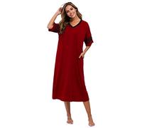 Vslarh Damen Nachthemd V Ausschnitt Strick Lange Nachtwäsche Kurzarm Weiche Loungewear mit Taschen S-XXL, weinrot, X-Large