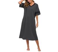 Vslarh Damen Nachthemd V Ausschnitt Strick Lange Nachtwäsche Kurzarm Weiche Loungewear mit Taschen S-XXL, dunkelgrau, X-Large