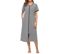 Vslarh Damen-Nachthemden mit Reißverschluss vorne, volle Länge, Baumwolle, lockerer Hausmantel, Loungewear mit Taschen, Größe S-XXL, Gr&bl, Large