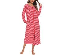 Vslarh Damen-Nachthemden mit Reißverschluss vorne, volle Länge, Baumwolle, lockerer Hausmantel, Loungewear mit Taschen, Größe S-XXL, L-rot, XX-Large