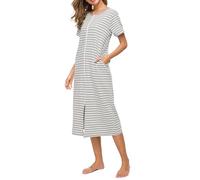 Vslarh Kurzärmeliges Damen-Nachthemd mit Reißverschluss vorne, volle Länge, Baumwolle, lockere Hausmantel, Loungewear mit Taschen, S-XXL, Gr&W, X-Large