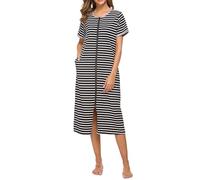 Vslarh Kurzärmeliges Damen-Nachthemd mit Reißverschluss vorne, volle Länge, Baumwolle, lockere Hausmantel, Loungewear mit Taschen, S-XXL, Schwarz und Weiß, Medium