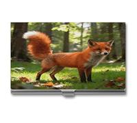 VstaDank Forest Fox Visitenkartenhalter, personalisierbar, Aluminiumlegierung, schmaler Namenskartenhalter mit Klappverschluss, modischer Metall-Kartenhalter für Männer und Frauen