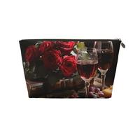 VTCTOASY Make-up-Tasche für Damen, rote Rosen und Rotwein, Reise-Kosmetiktasche, großes Fassungsvermögen, tragbarer Make-up-Organizer, PU-Leder, wasserdicht, Kulturbeutel, niedlich, ästhetischer