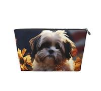 VTCTOASY Make-up-Tasche für Damen, Shih Tzu Hund und Blumen, Reise-Kosmetiktasche, großes Fassungsvermögen, tragbarer Make-up-Organizer, PU-Leder, wasserdicht, Kulturbeutel, niedlich, ästhetischer