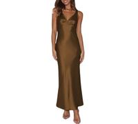 VUBIYA Elegantes Maxikleid für Damen, Satin, V-Ausschnitt, rückenfrei, ärmellos, Seidenkleid, tiefer Rücken, formelle Cocktailkleider, Hochzeitsgäste, Braun, Klein