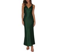VUBIYA Elegantes Maxikleid für Damen, Satin, V-Ausschnitt, rückenfrei, ärmellos, Seidenkleid, tiefer Rücken, formelle Cocktailkleider, Hochzeitsgäste, Dunkelgrün, X-Klein
