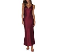 VUBIYA Elegantes Maxikleid für Damen, Satin, V-Ausschnitt, rückenfrei, ärmellos, Seidenkleid, tiefer Rücken, formelle Cocktailkleider, Hochzeitsgäste, Burgunder, X-Klein