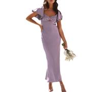 VUBIYA Sommerkleider aus Satin, Flatterärmel, Hochzeitsgästekleider für Damen, Herzausschnitt, Cutout, Raffhalter, Midi-Cocktailkleid, Flieder, Klein