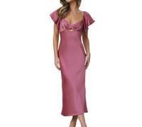 VUBIYA Sommerkleider aus Satin, Flatterärmel, Hochzeitsgästekleider für Damen, Herzausschnitt, Cutout, Raffhalter, Midi-Cocktailkleid, Pflaume, X-Groß