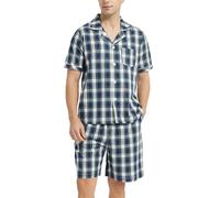 Vulcanodon Schlafanzug Herren kurz 100% Baumwolle Sommer Shorty Pyjama kariert mit Knopfleiste weiche Nachtwäsche (Marineblau, S)