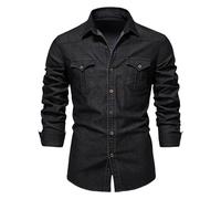 VYLYNL Jeanshemd für Herren, Vintage, gewaschene Denim-Hemden, langärmelig, modisch, schmale Passform, Button-Down-Arbeitshemd, formell, lässig, Business-Hemd mit Brusttasche, Alltagskleidung, Schwarz