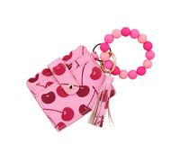 Vynetra Dekorativer Schlüsselhalter mit Perlen und Kartenfach aus PU-Kunststoff, modisches Accessoire, dekorativer Perlenanhänger, rosarot