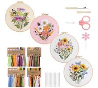 VynyQoo 4pcs Blumen Sticken Set Erwachsene, Stickset für Anfänger, Embroidery Kit mit Kunststoff Stickrahmen, Stickerei Starter Set mit 4 Blumenmuster Video und Anleitung für DIY Handwerk Geschenk