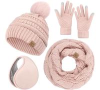 VZV 4-in-1 Winter-Set für Damen, Bommelmütze, Touchscreen-Handschuhe, Strickschal, Fleece-Ohrenschützer (Rosa, Einheitsgröße)