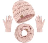 VZV Winter Set für Damen, Strickmütze mit Schal und Touchscreen-Handschuhe, Warmer Halswärmer, Schwarz (Rosa , Einheitsgröße)