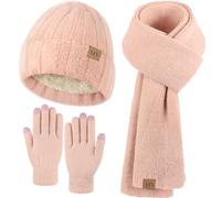 VZV Wintermütze, Schal, Handschuhe-Set: Warme Kashmir-Strickmütze, Damen Langer Schal, Touchscreen-Winterhandschuhe, Geschenke für Frauen (Rosa, Einheitsgröße)