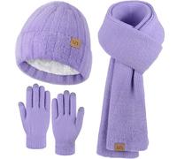 VZV Wintermütze, Schal, Handschuhe-Set: Warme Kashmir-Strickmütze, Damen Langer Schal, Touchscreen-Winterhandschuhe, Geschenke für Frauen (Veilchen, Einheitsgröße)