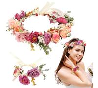 VZXQX Blumenkranz Haare Oktoberfest Damen, Rosen Braut Haarschmuck Hochzeit Haarreif Dirndl Boho Blumenkrone mit Armband, Blumenstirnband Verstellbarer Blumenhaarreife für Karneval Hawaii Party Strand