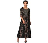 W For Woman Langes, schwarzes Viskose-Kleid mit Print und verzierter Passe, knφchellang (23Few18155-118729 10)